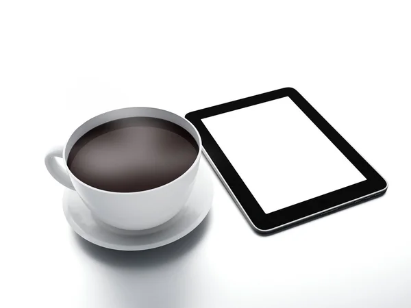 Morgennachrichten. Kaffeetasse mit Tablet-PC auf weißem isolierten Backgr — Stockfoto