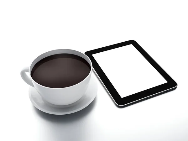 Ochtendnieuws. koffiekopje met de tablet pc op witte geïsoleerde backgr — Stockfoto