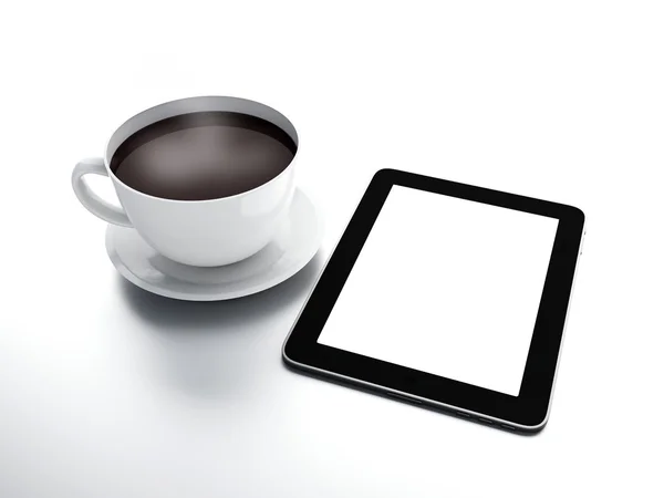 Morning news. Coffee cup with tablet pc on white isolated backgr — Stock Photo, Image