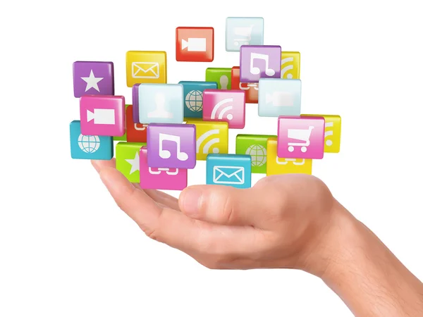 Hand met application software pictogrammen. sociale media concept — Stockfoto