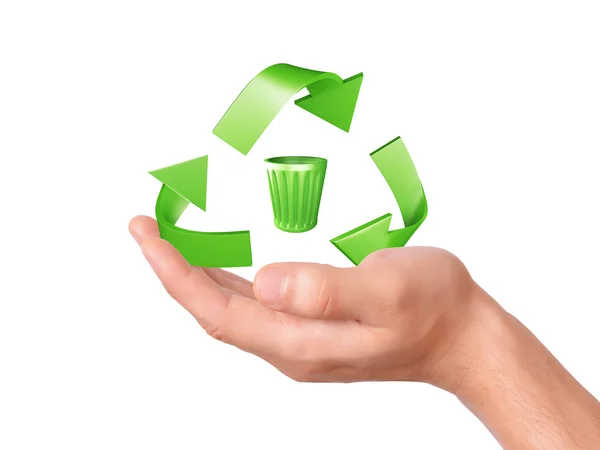 Mão segurando verde símbolo de reciclagem — Fotografia de Stock
