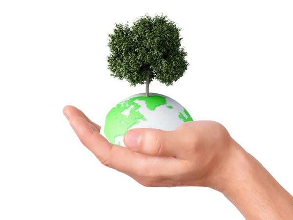 Houdt een aarde bol en een boom in zijn hand — Stockfoto