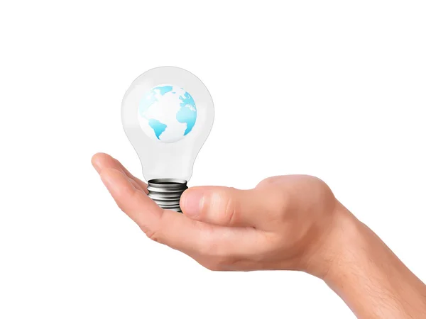 Hand holding bulb with earth planet — Stock Photo, Image