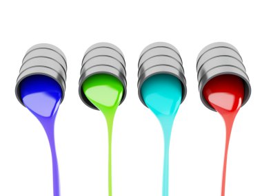 beyaz zemin üzerine dökülen boya tenekeleri