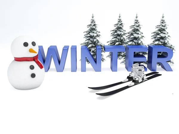 Snögubbe och vintern text. semester-konceptet på vit bakgrund — Stockfoto