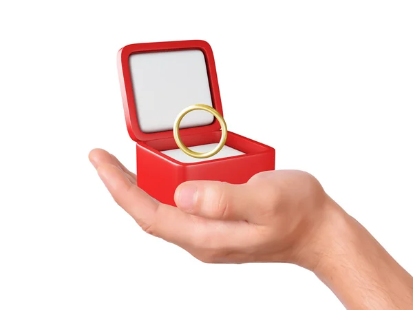 Hand hold a gift box with wedding ring — Stock Photo, Image