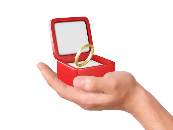 Hand hold a gift box with wedding ring — Stock Photo, Image