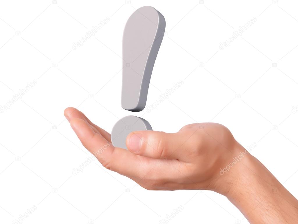 Hand hold exclamation mark on white background