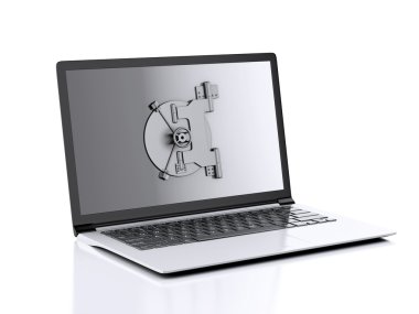 Laptop ve şifreli kilit. Veri güvenlik kavramı.