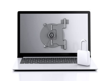 Laptop ve şifreli kilit. Veri güvenlik kavramı.