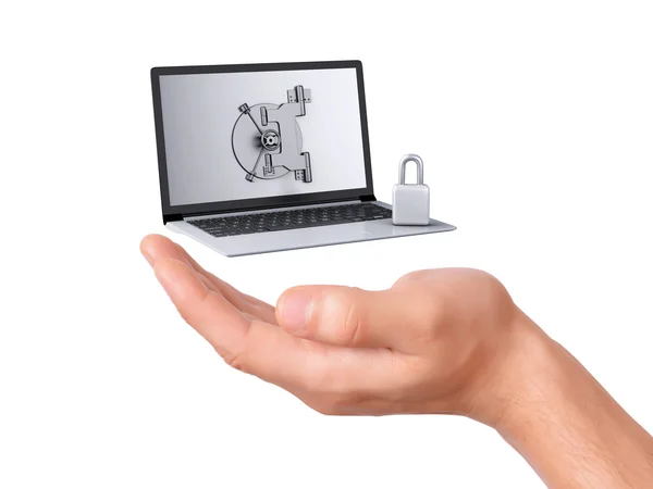 Hand hold security Laptop. Data security concept. — Stock Photo, Image