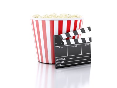 3D Sinema clapper ve patlamış mısır
