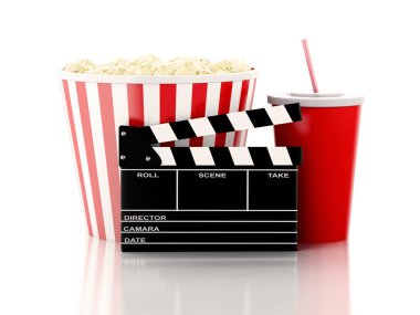 sinema clapper, patlamış mısır ve içki. 3D görüntü