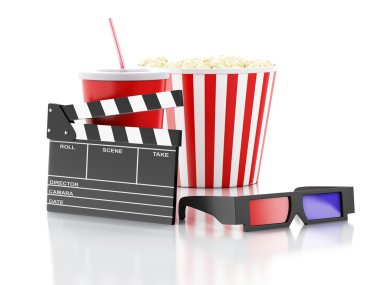 sinema clapper, patlamış mısır, içki ve 3d gözlük. illüstrasyon