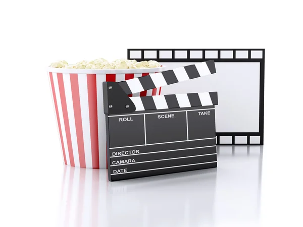 3d cinema clapper and popcorn — Stock Photo, Image