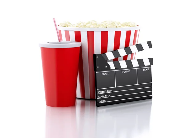 Cinema clapper, popcorn and drink. 3d image — Stock Photo, Image