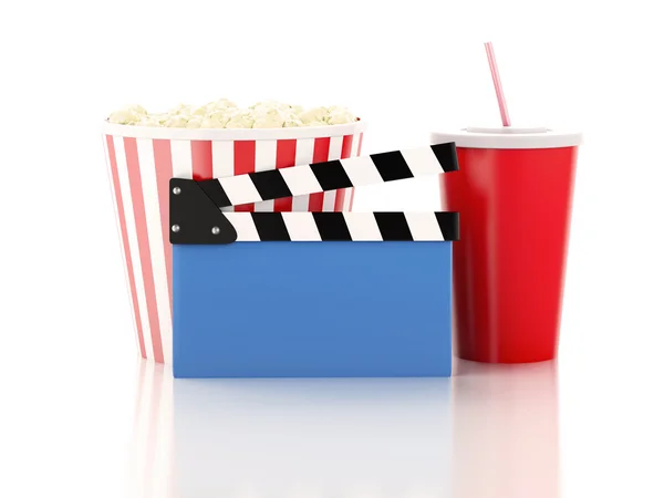 Cinema clapper, popcorn and drink. 3d image — Stock Photo, Image