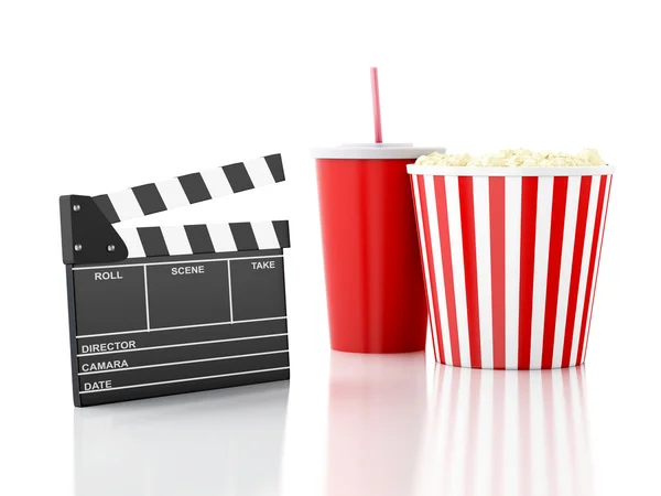 Cinema clapper, popcorn and drink. 3d image — Stock Photo, Image