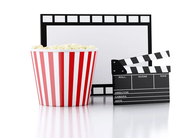 Clappeur de cinéma, pop-corn et bobine de film. Illustration 3d — Photo