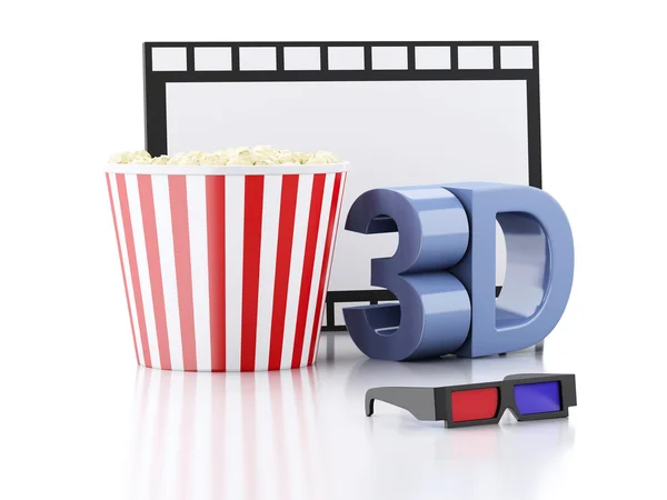 爆米花、 电影卷轴和 3d 眼镜。3d 图 — 图库照片