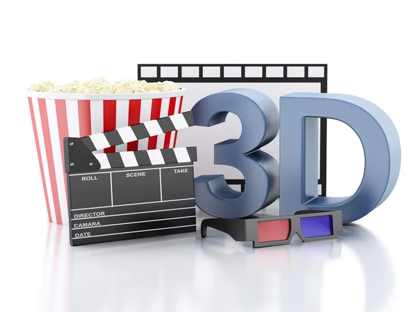 Cinema klepel, popcorn, filmrol en 3D-bril. 3D illustrati — Stockfoto