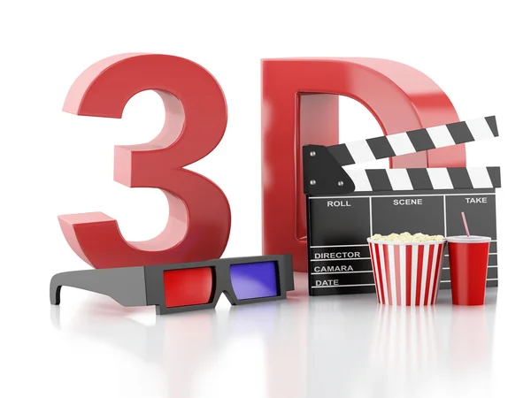 Palmas de cinema, pipocas e óculos 3d. ilustração 3d — Fotografia de Stock