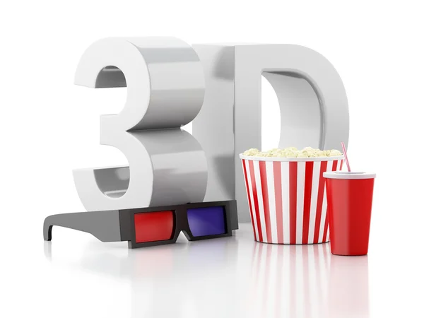 Popcorn, drink and 3d glasses. 3d illustration — Stock Photo, Image