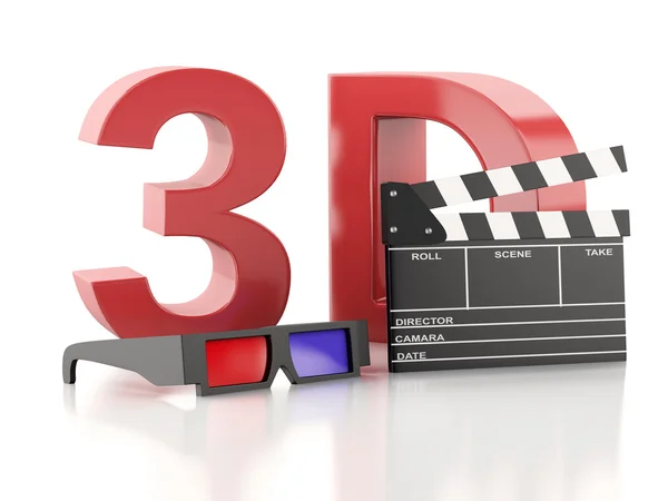 Cinema klepel en 3D-bril. 3D illustratie — Stockfoto