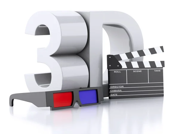 சினிமா கிளாப்பர் மற்றும் 3D கண்ணாடிகள். 3D விளக்கம் — ஸ்டாக் புகைப்படம்
