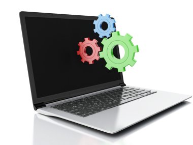 3D dizüstü ve dişliler. Beyaz arka plan üzerinde izole