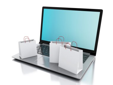 3D laptop ve Beyaz alışveriş torbaları. E-ticaret kavramı