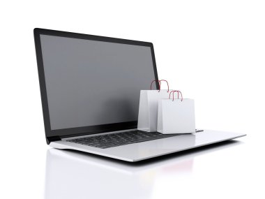 3D laptop ve Beyaz alışveriş torbaları. E-ticaret kavramı