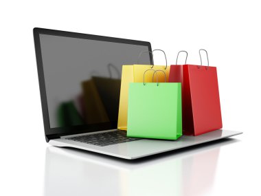 3D laptop ve renkli alışveriş torbaları. E-ticaret kavramı