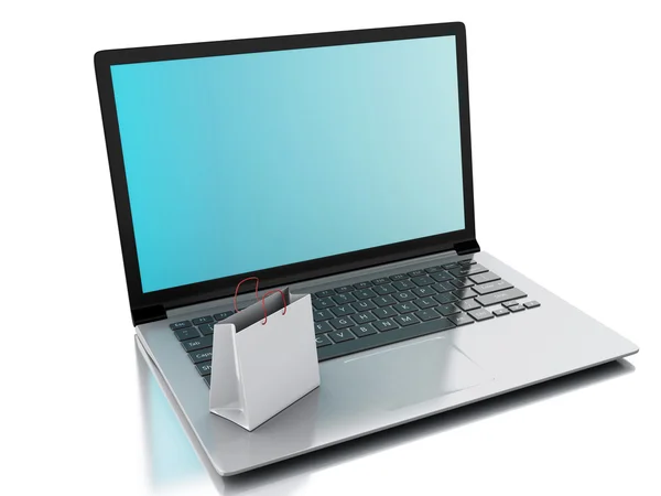 3D laptop ve Beyaz alışveriş torbaları. E-ticaret kavramı — Stok fotoğraf