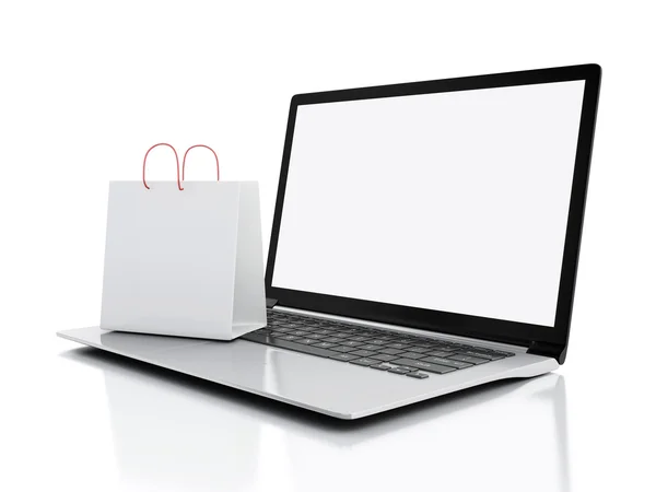 3d Laptop y blanco bolsas de compras. Concepto de comercio electrónico — Foto de Stock