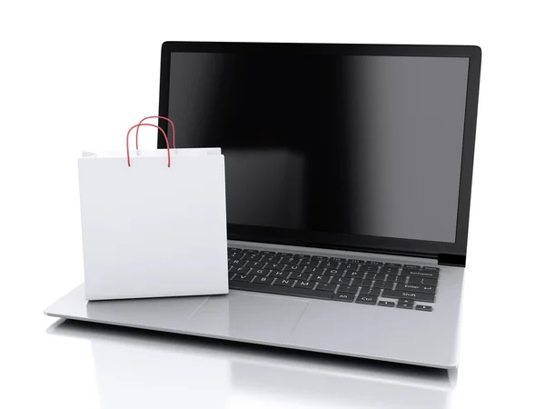 3d Laptop y blanco bolsas de compras. Concepto de comercio electrónico — Foto de Stock