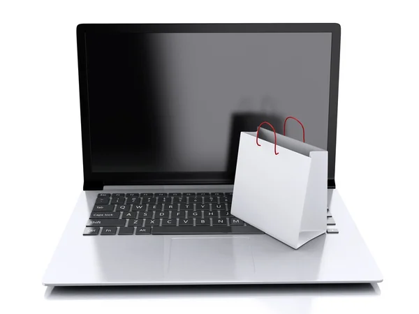 3d Laptop y blanco bolsas de compras. Concepto de comercio electrónico — Foto de Stock