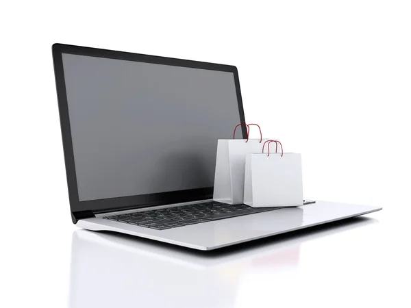 3d Laptop y blanco bolsas de compras. Concepto de comercio electrónico — Foto de Stock