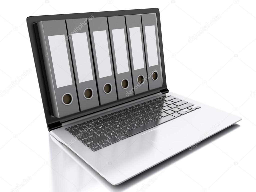 3d Laptop and files. isolated white background