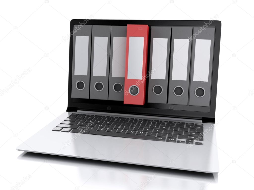 3d Laptop and files. isolated white background