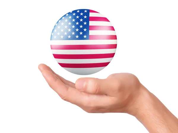Sostener la mano icono de la bandera de Estados Unidos en el terreno de la panadería blanco — Foto de Stock