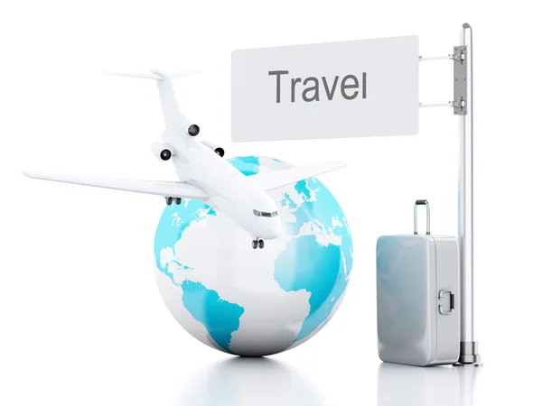 3D-reizen koffer, vliegtuig en wereld wereld. reizen concept — Stockfoto