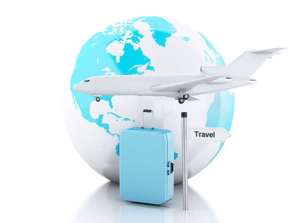3d путешествия чемодан, самолет и мир глобус. концепция путешествия
