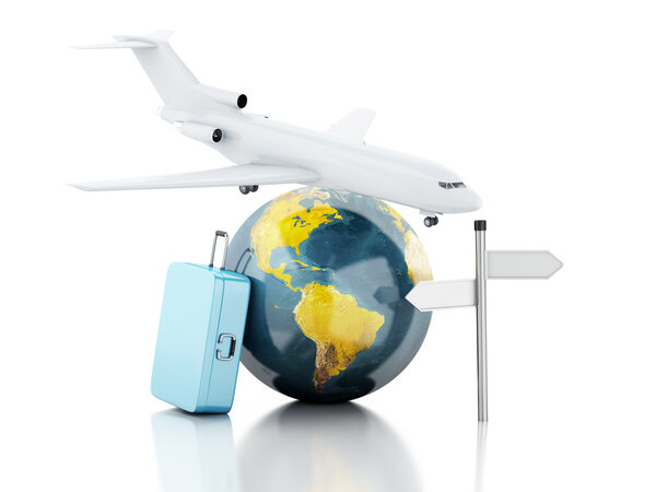 3d путешествия чемодан, самолет и мир глобус. концепция путешествия
