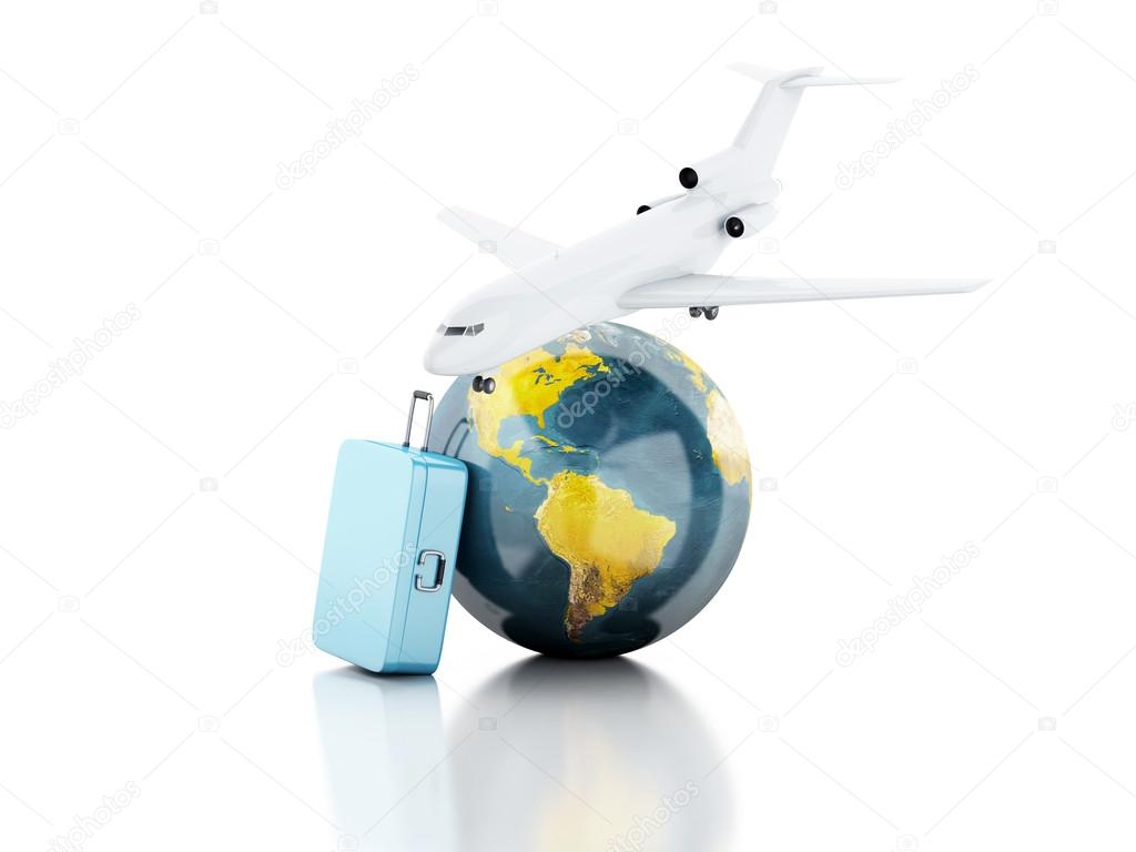 3d travel suitcase, airplane and world globe. travel concept