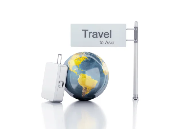 3d путешествия чемодан и мир глобус. путешествия в Азию — стоковое фото