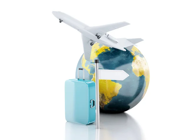 3d путешествия чемодан, самолет и мир глобус. концепция путешествия — стоковое фото