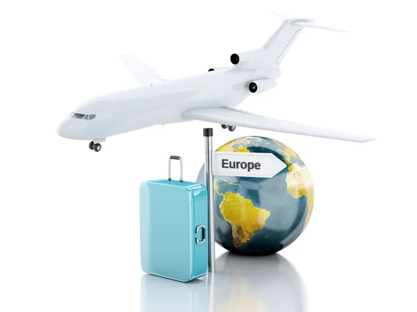 3d travel suitcase, airplane and world globe. travel concept — Stock Photo, Image