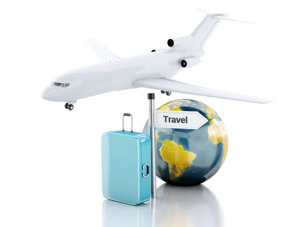 3d viaggio valigia, aereo e mondo globo. concetto di viaggio — Foto Stock