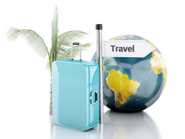 3d travel suitcase, airplane and world globe. travel concept — Stock Photo, Image